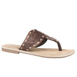 Roper Womens Brown Tooled Leather Thong Sandal