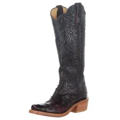 Rios Of Mercedes Women's Ride Ready Black Cherry Full Quill Ostrich 15 In. Black Embossed Top Cowgirl Boot