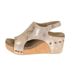 Corkys Footwear Womens Corkys Carley Taupe Metallic Wedge Sandal -Root Walk Shoes Store 30 5316 TUME 2