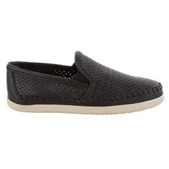 Minnetonka Women's Minnetonka Pacific Black Leather Perforated Slip On -Root Walk Shoes Store 670P 31