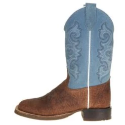 Old West Youth Brown Bull Hide Sky Blue Suede Shaft Cowboy Boot -Root Walk Shoes Store BCS1944 21