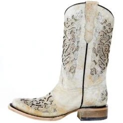 Corral Kids White Glitter Inlay Sq Toe Cowgirl Boot -Root Walk Shoes Store T0039 31