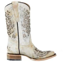 Corral Kids White Glitter Inlay Sq Toe Cowgirl Boot -Root Walk Shoes Store T0039 51